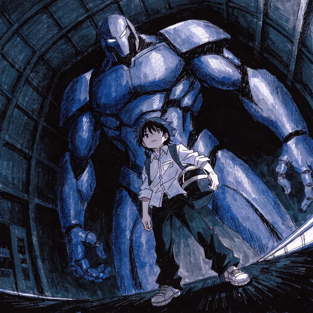 A teenage pilot grips his helmet under one arm, standing at the edge of a glowing hangar bay. Before him looms a sleek, steel-blue mech, its eyes lit with a cold electric glare. His school uniform is rumpled, a sharp contrast to the machine’s flawless plating. The vast scale engulfs him in shadow, emphasizing both awe and dread. Hand-drawn anime style.
