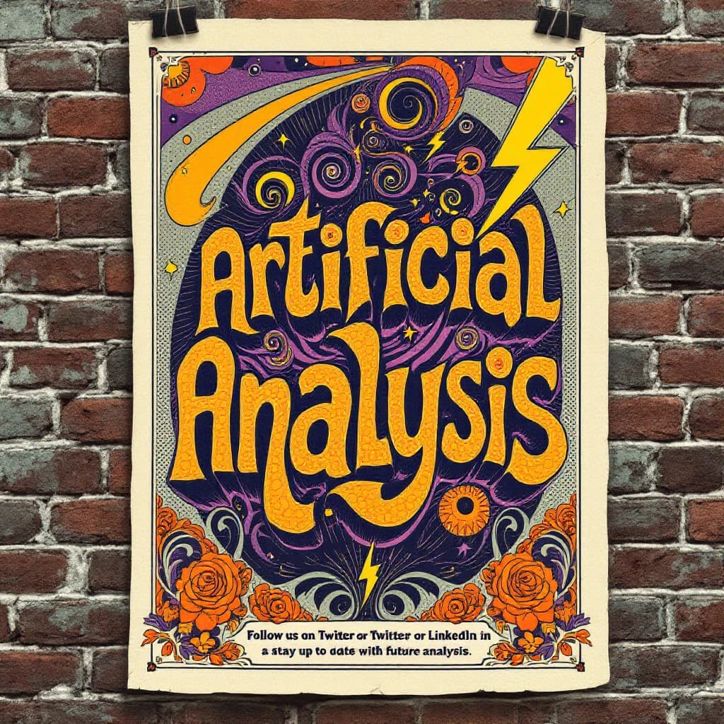 A portrait layout psychedelic concert poster from 1972 bathed in saturated oranges, deep purples, and acid greens. Swirling, hand-drawn typography arcs across the top, spelling out Artificial Analysis in bold, distorted letters that melt into spirals. Surrounded by radiating concentric circles and lightning-bolt motifs. The background is textured with halftone dots and faded paper creases, evoking a well-worn poster taped to a brick wall. Ornate floral borders frame the design, while the bottom features blocky retro lettering listing “Follow us on Twitter or LinkedIn to stay up to date with future analysis” in smaller text. 