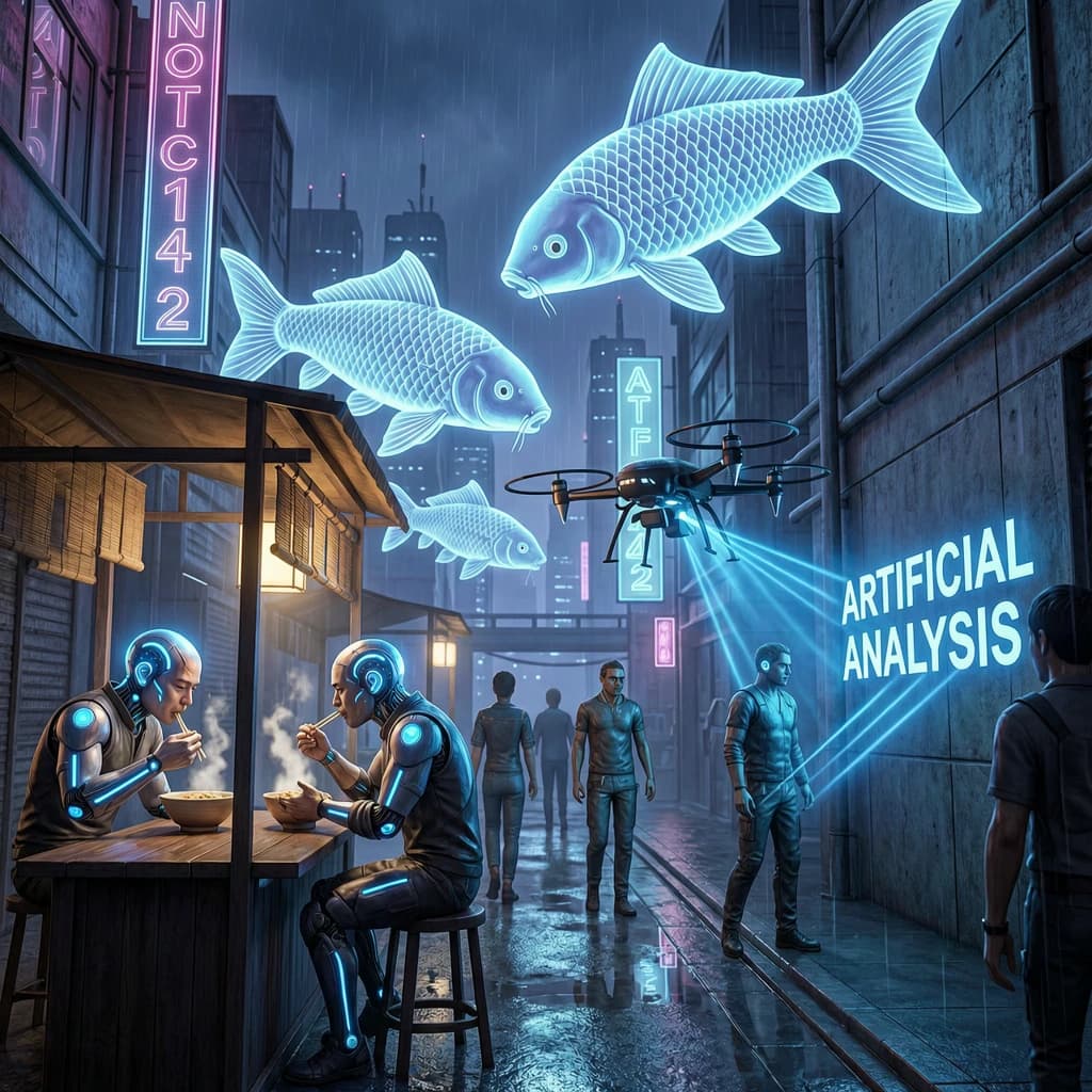 A neon alley in Neo-Tokyo 2142 drips with rain Cybernetic patrons slurp ramen at a stall with their glowing implants humming with blue light. Three giant holographic koi hover 10 metres above the ground and swim across the skyline, one has clipped into a building. A six-prop drone hovers nearby, projecting "Artificial Analysis" onto a wall with blue laser beams visible