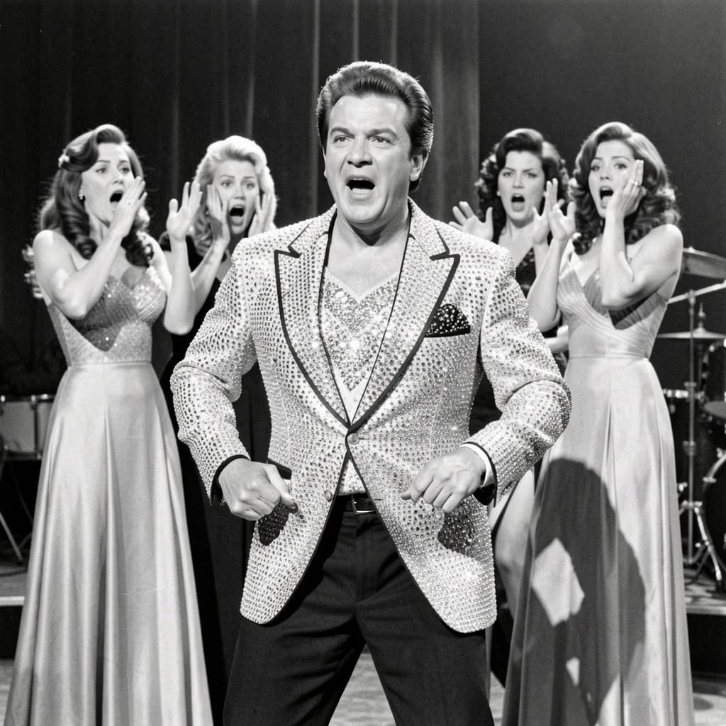 An archival image from 1953 of the rock singer swinging his hips on the stage while glamorous back up singers feign shock at his gyrations! He wears a diamond encrusted jacket with the stones arranged in the shape of a heart