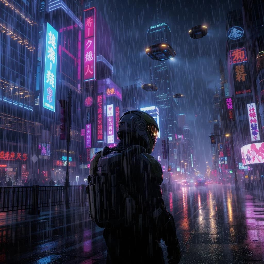 Rain-soaked neon megacity at night, flying taxis weave between glass towers, giant holograms flicker; a lone courier in a matte exosuit, somewhat cinematic wide angle.