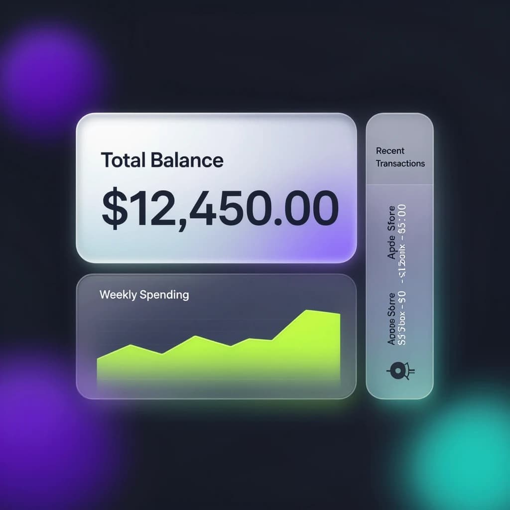 Dark mode banking dashboard with glassmorphism.