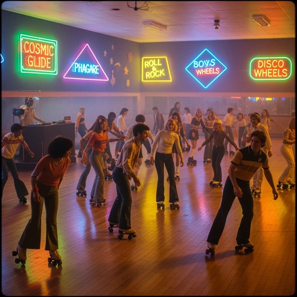 A 1970s roller rink crowd skates under neon, with a bit of fade and film grain.