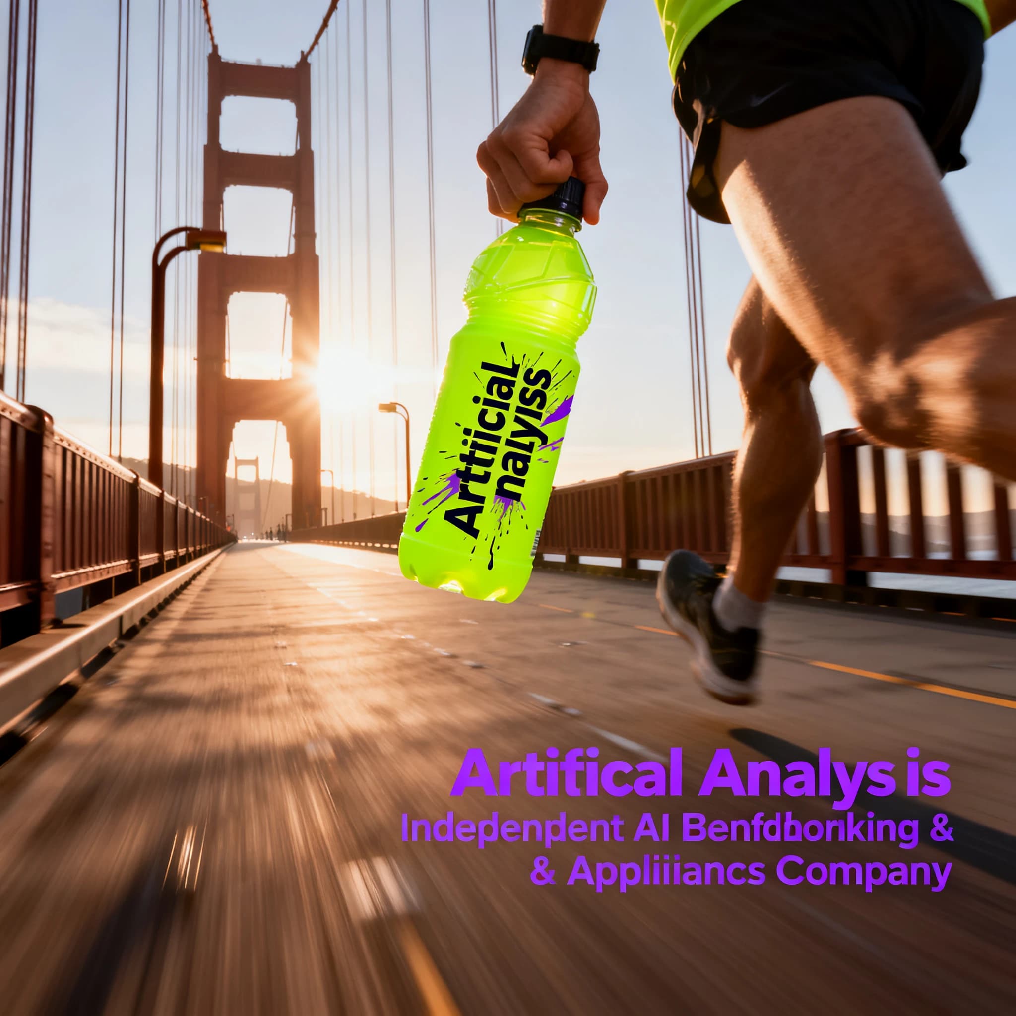 A runner dashes across the Golden Gate Bridge at dawn, sunlight streaming between cables. In their hand, they carry a neon-green sports drink with the brand name Artificial Analysis splashed boldly across the bottle. Motion blur emphasizes speed, while crisp purple sans serif typography overlays the bottom right of the scene with the tagline: Artificial Analysis is an independent AI benchmarking & analysis company