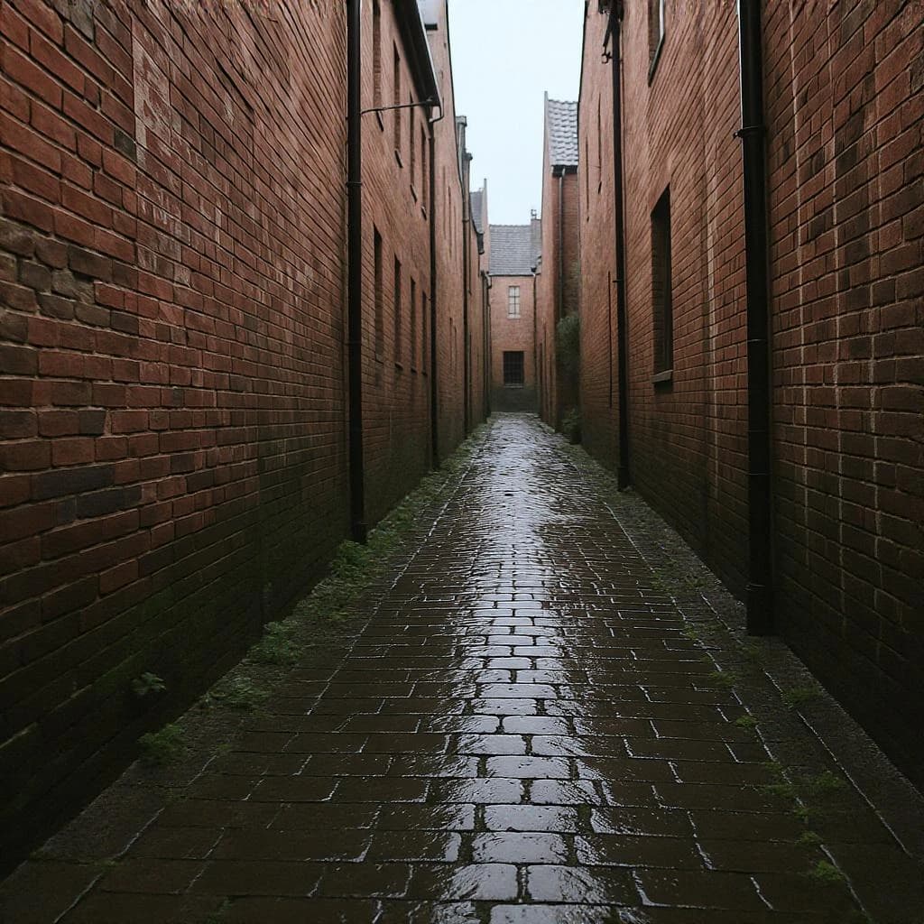 Show a narrow brick alley with wet cobblestones.