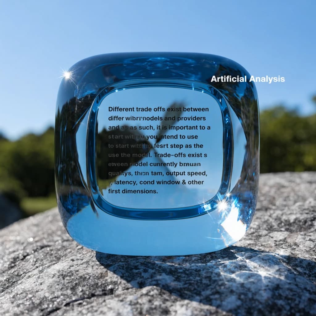 In a clear transparent blue glassy rounded box, etch "Different trade offs exist between different models and providers and as such, it is important to start with how you intend to use the model as the first step. Trade-offs exist currently between model quality, price, output speed, latency, context window & other dimensions. " in sans serif medium weight text. Artificial Analysis is watermarked over the top right 