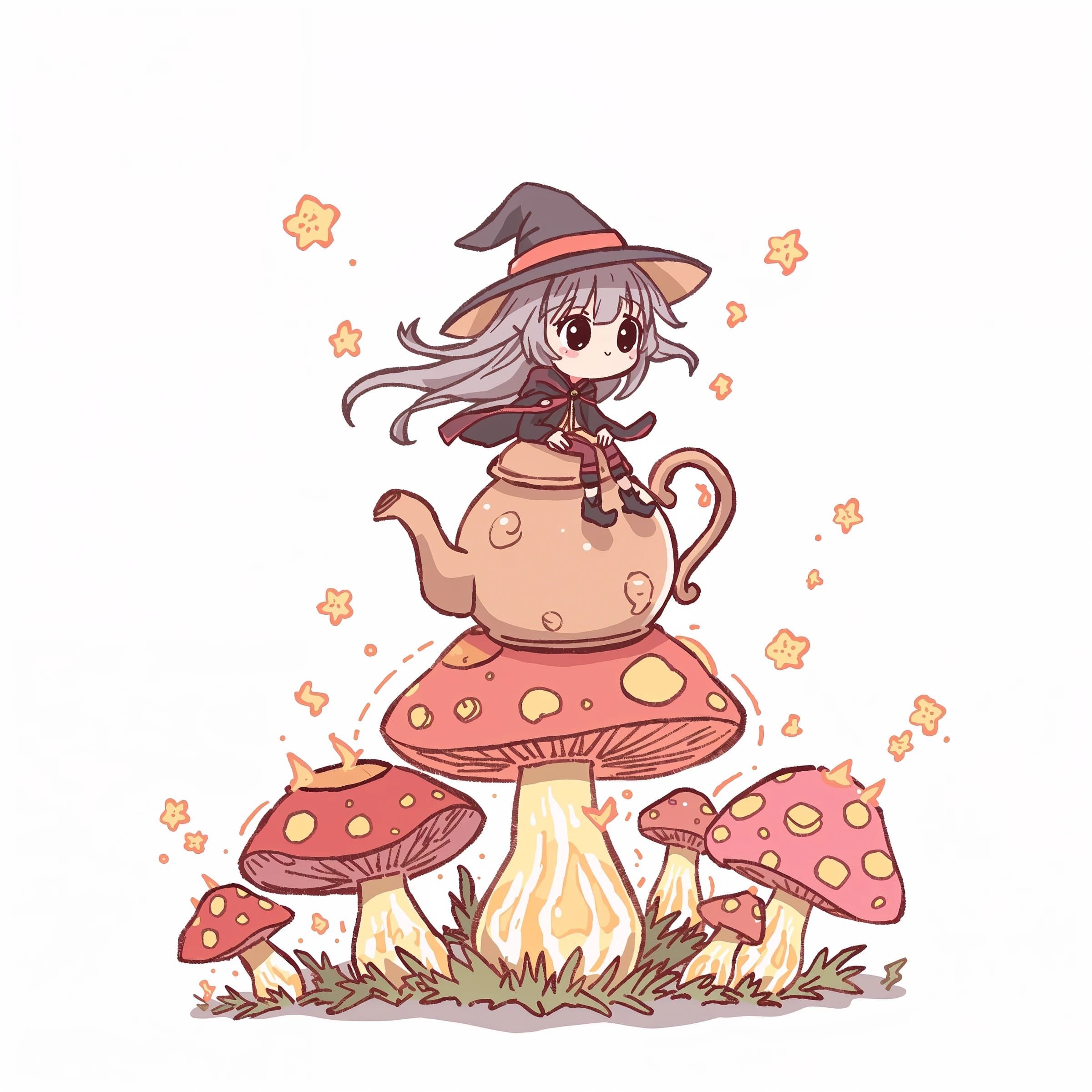 A tiny witch rides a teapot over glowing mushrooms, a bit chibi, thick lines.