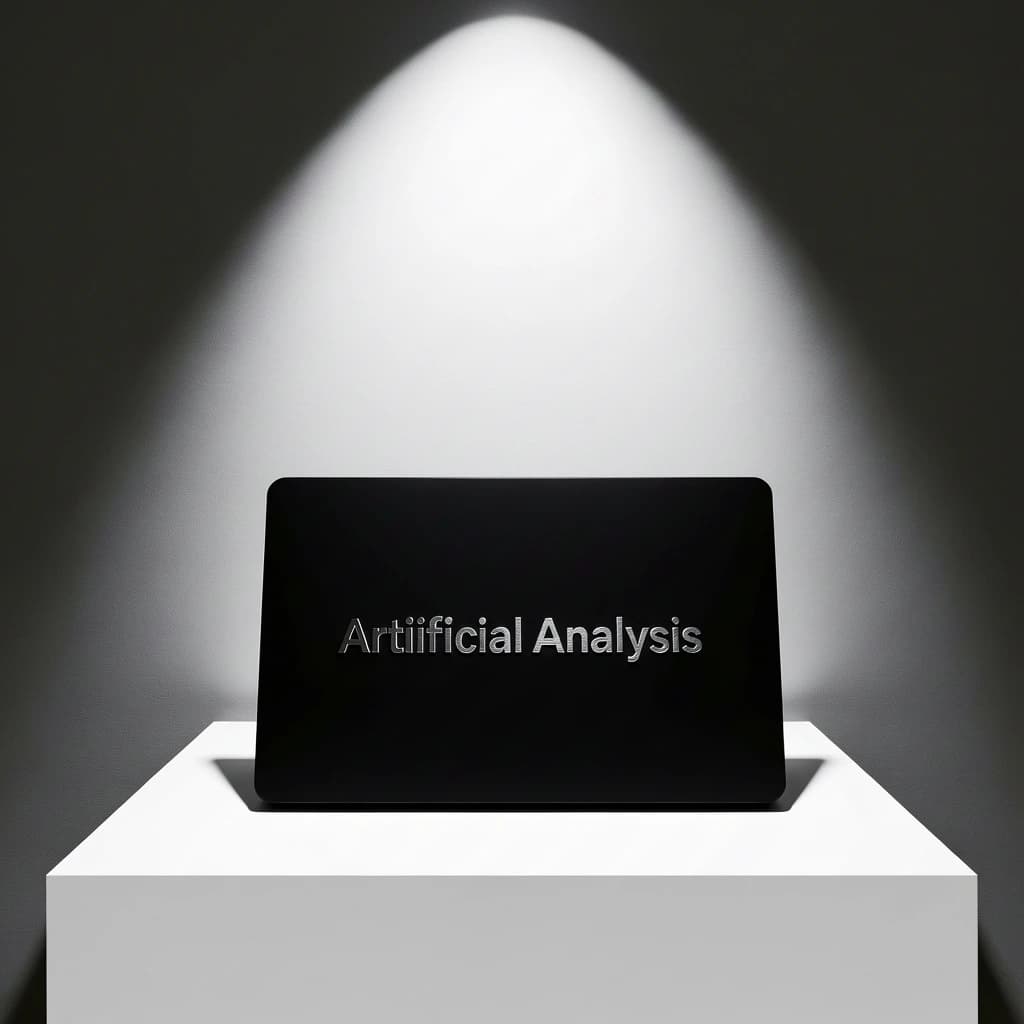 A premium matte black laptop-sized box rests on a pure white pedestal within a gallery space. Overhead, a single spotlight carves sharp contrast, leaving the edges in deep shadow. The brand name Artificial Analysis is embossed in silver foil, glinting faintly as though it were jewelry.