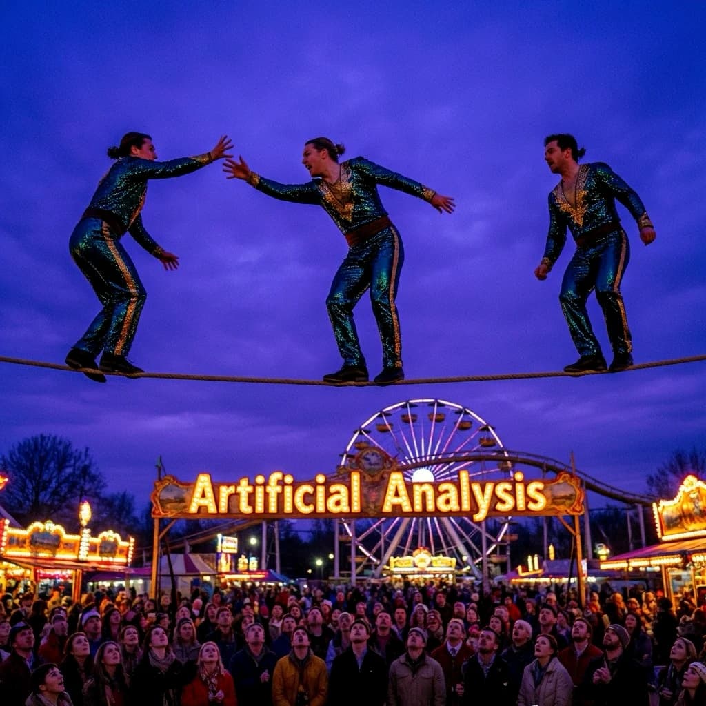 At dusk, high above a carnival crowd, three tightrope walkers balance on a single rope with no aids, one is off balance and grabbing at air. Below, the audience looks upward with baited anticipation. Artificial Analysis is spelled out in the background in carnival lights