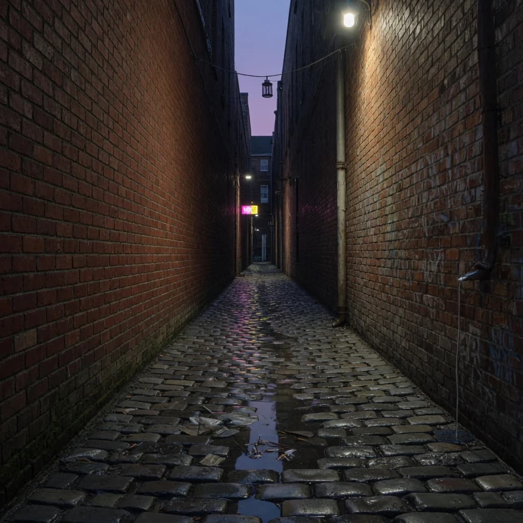 Show a narrow brick alley with wet cobblestones.