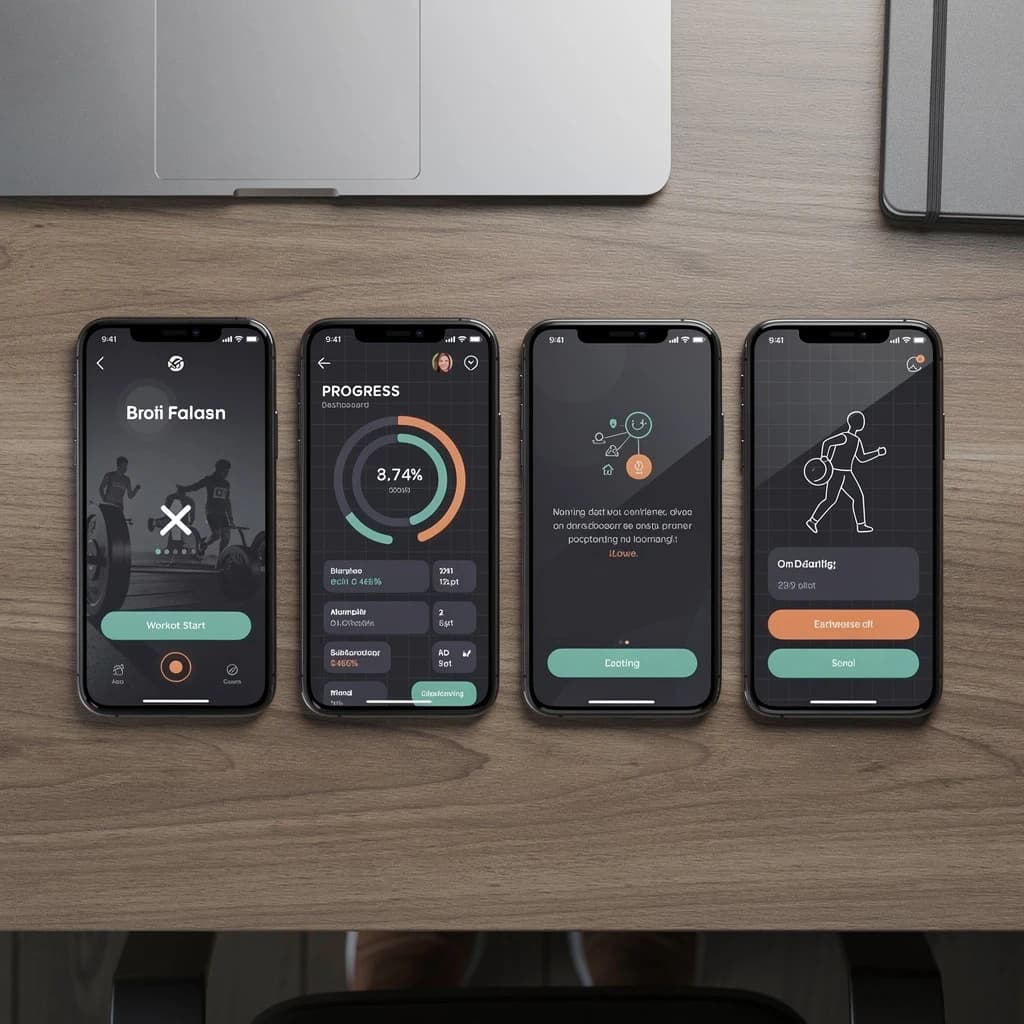 Sleek mobile fitness app screens on a desk: dark mode home, progress dashboard, simple onboarding, clear 8 pt grid, slightly oversized buttons for thumb reach, muted colors.