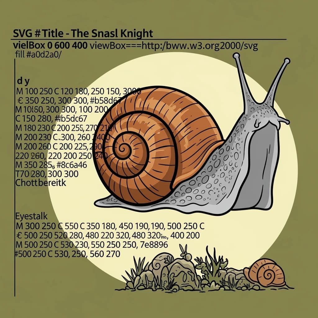 A knight rides a snail, bold lines, flat color.