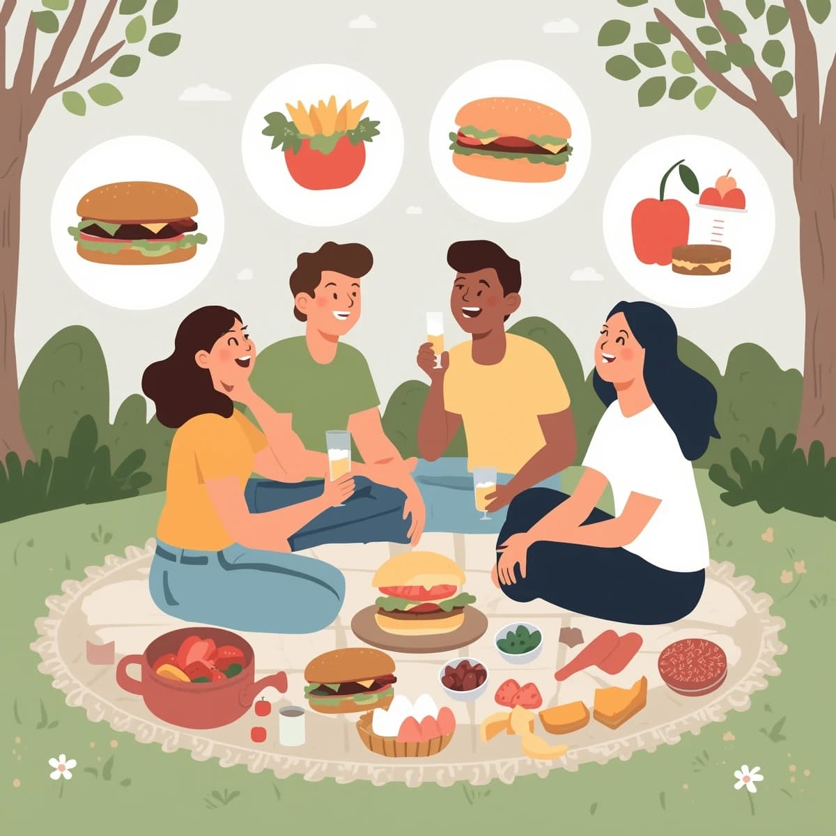 Flat vector picnic scene, friends laughing, oversized food icons, simple shapes.