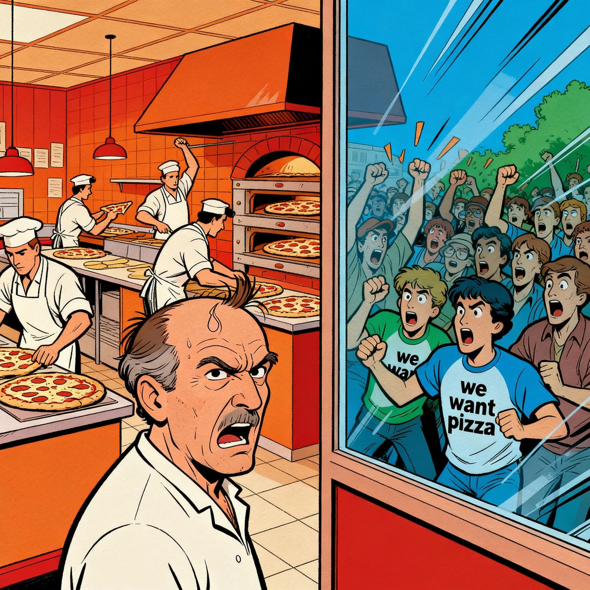 Pasquale is pulling his few remaining hairs out over a disaster at the pizzeria - the cooks are working as fast as they can but the crowds outside are swelling and they demand hot hot pizza! They are banging on the glass and some are wearing "we want pizza" shirts. 1980s western TV animation style.
