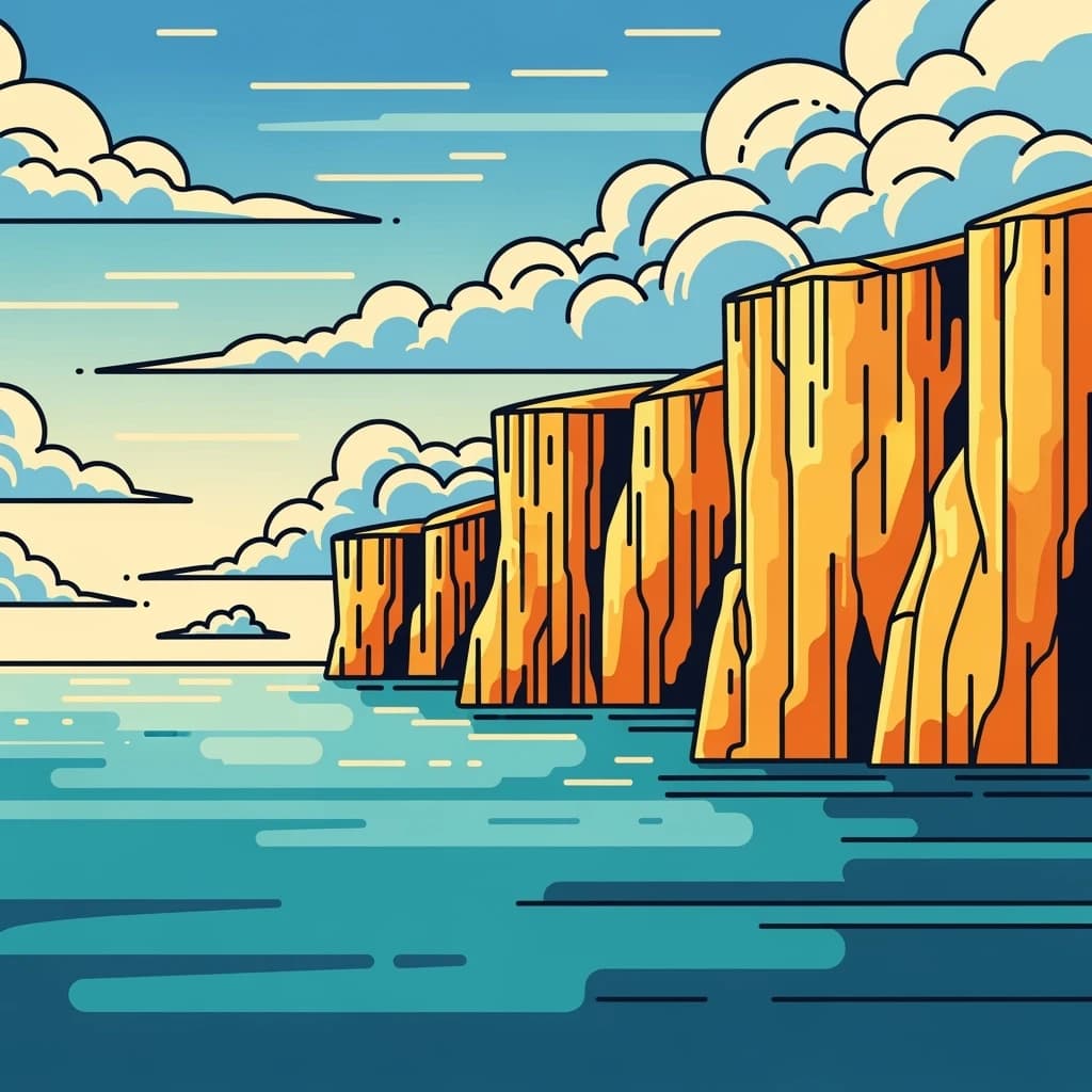 Bright cliffs over teal sea, fat clouds, bold outlines and flat shading.