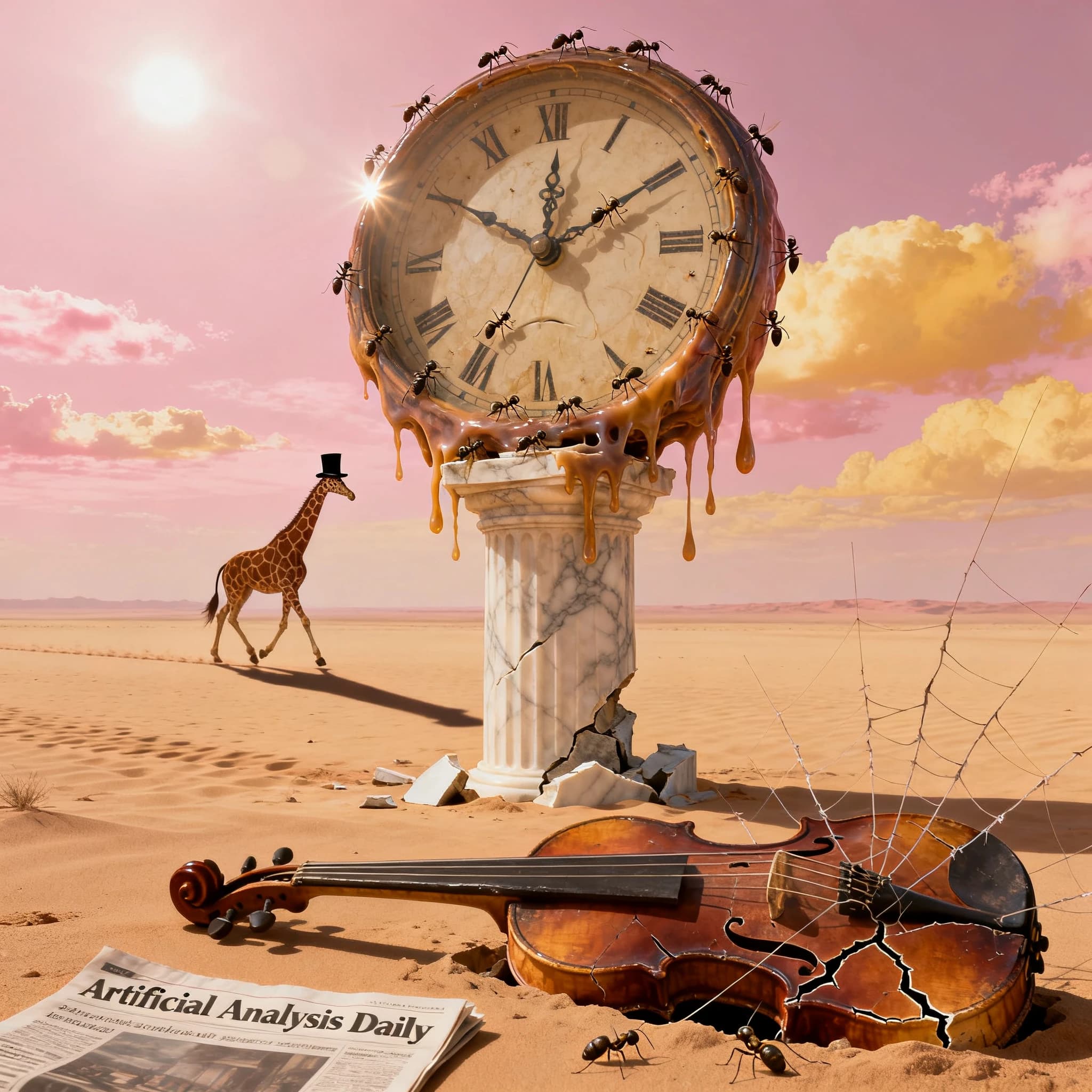 A vast desert plain stretches endlessly under a sky streaked with pale pink and ochre clouds. In the center stands a colossal clock, its face drooping and melting over the edge of a broken marble column. Ants swarm across its warped surface, glinting in the harsh sunlight. To the right, a horse with a giraffe like neck wearing a top hat strides toward the horizon, its shadow stretching miles across the sand. A cracked violin lies half-buried in the foreground, strings snapping outward like veins. Painted in the dreamlike surrealist style. A newspaper named the "Artificial Analysis Daily" lies on the Floor.
