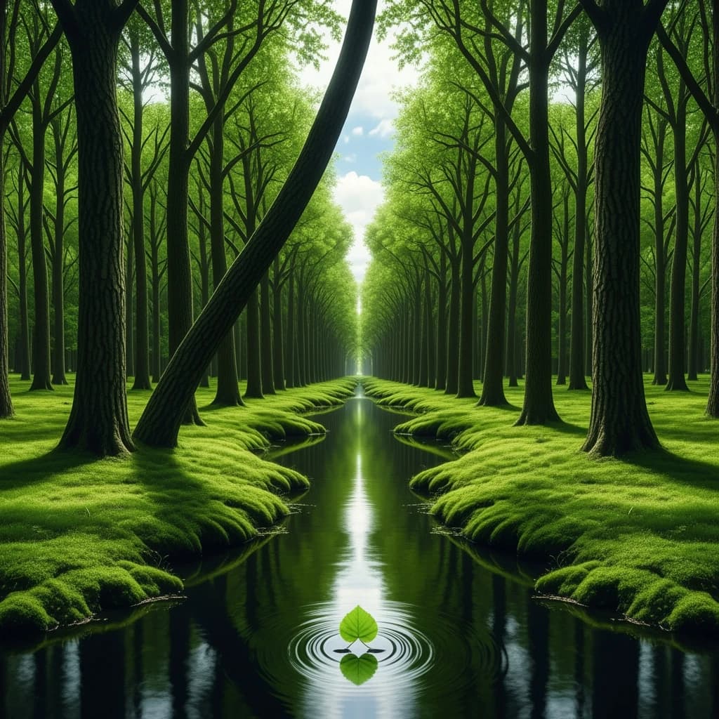 The forest is saturated green, trees identical in height and width, trunks straight, bark texture repeating. One trunk leans diagonally yet the branches remain vertical. The moss is emerald, glistening, though each patch forms identical diamond shapes. A stream runs straight, perfectly linear, water clear, reflecting clouds not visible in the sky. No animals, no insects, but one leaf floats on the water, doubled, showing two overlapping shadows.