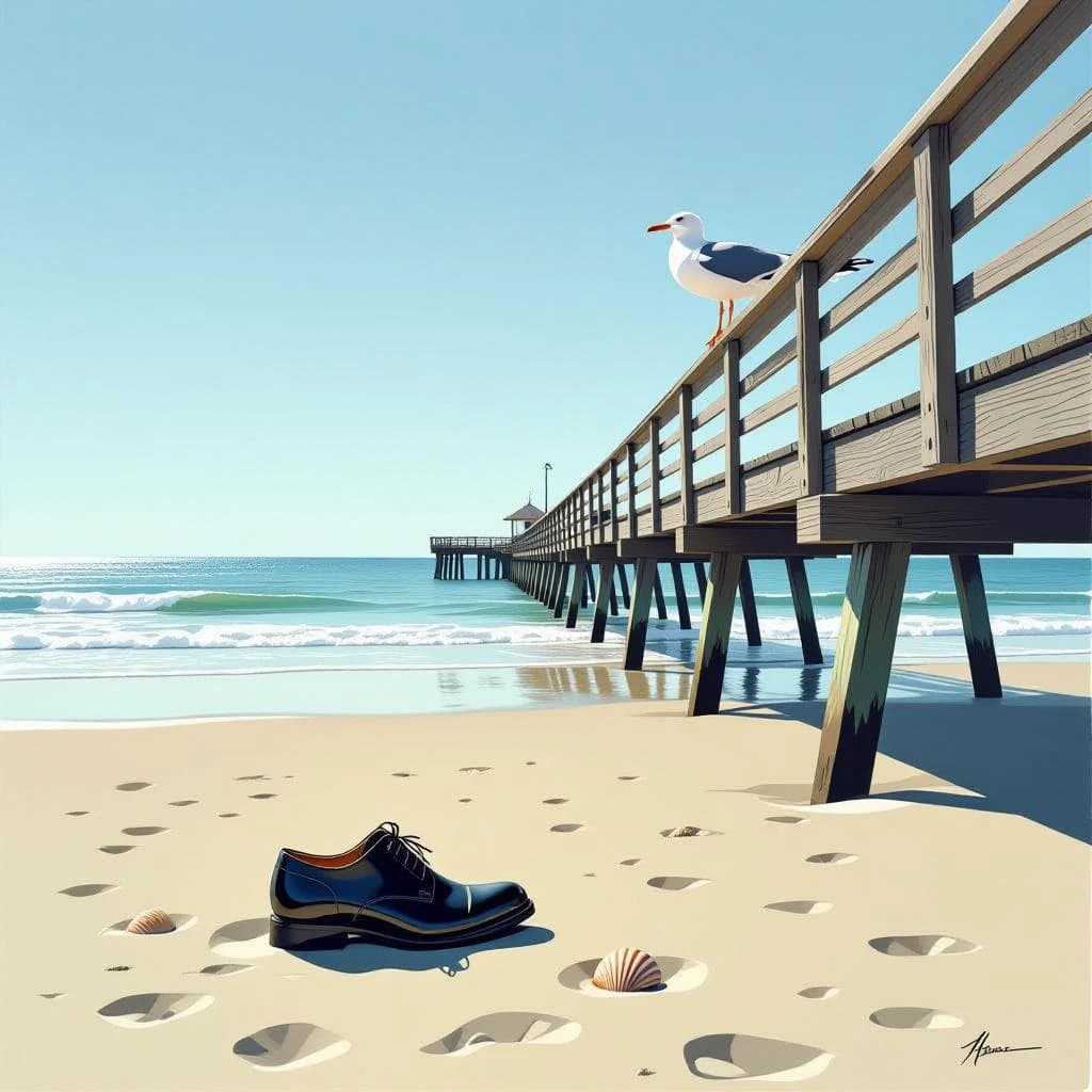 The beach is flat, sand beige, granular, no shells, except for a single left shoe, black leather, size eleven, half buried at an angle. The pier extends straight into the water, wood untreated, grain visible, though the support posts vanish before they touch the surface. The sky is uniformly gray, no clouds, yet shadows stretch at sharp diagonals. A single gull sits on the railing, wings outstretched, frozen mid-flap, no movement.