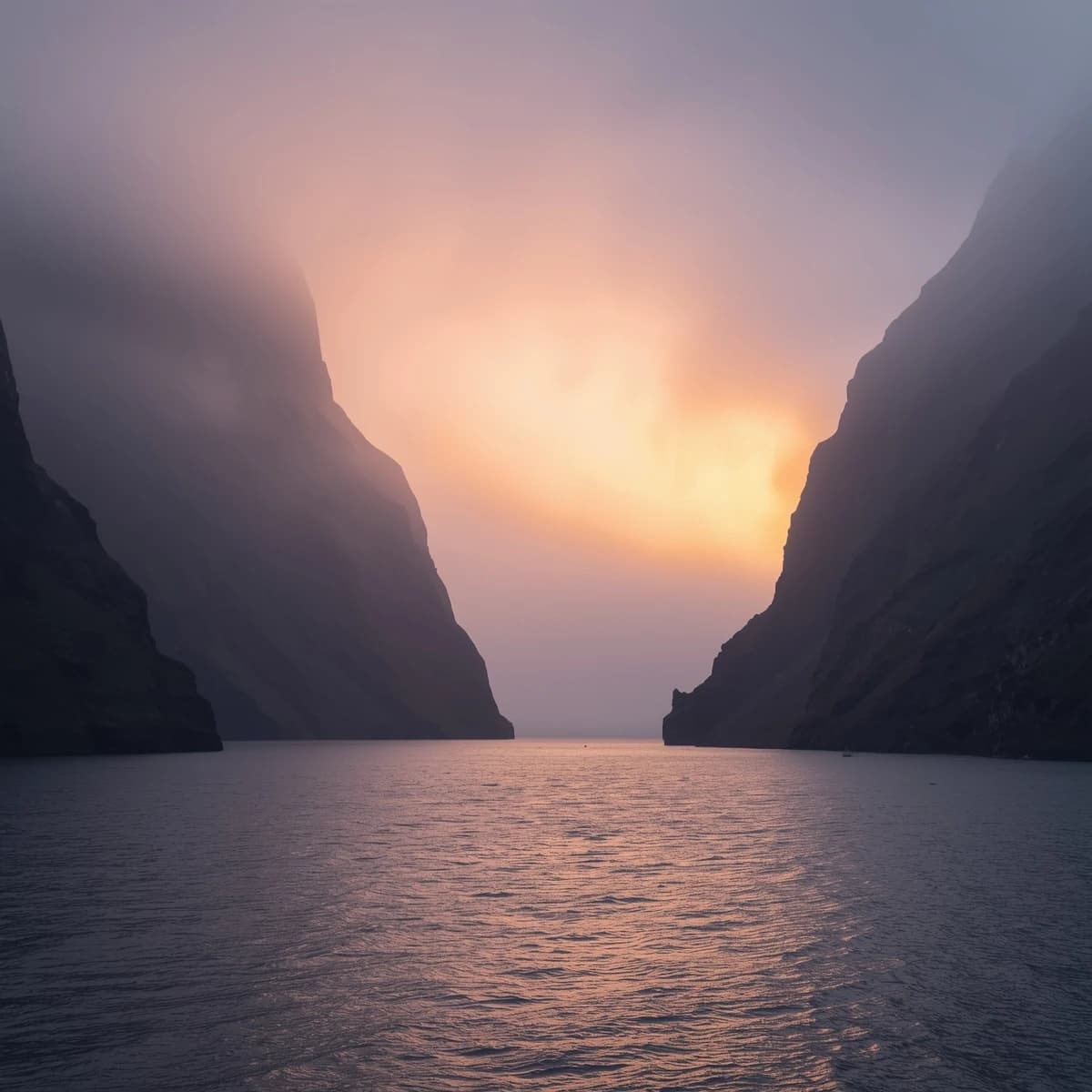 Frame a foggy fjord at sunrise, cliffs looming.