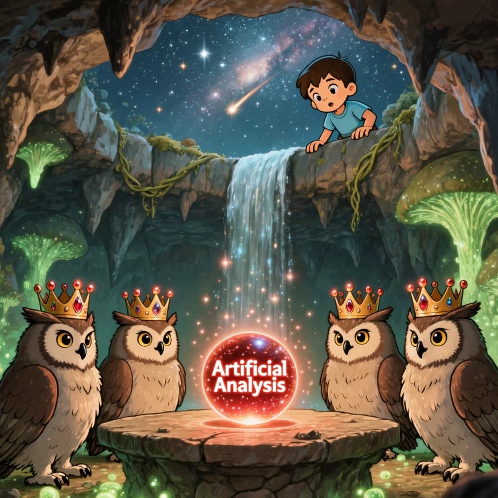 In a cavern lined with bioluminescent fungi glowing lime green, the council of owls wear jeweled crowns that glimmer with rubies, their wings folded behind their backs. Dust coats the stone table, a glowing orb inscribed with “Artificial Analysis” hovers above the table illuminating the owls with its red pulsating light. Behind them, a waterfall falls upward into a ceiling that opens onto stars - a child looks down in wonder from above at what he has stumbled across.