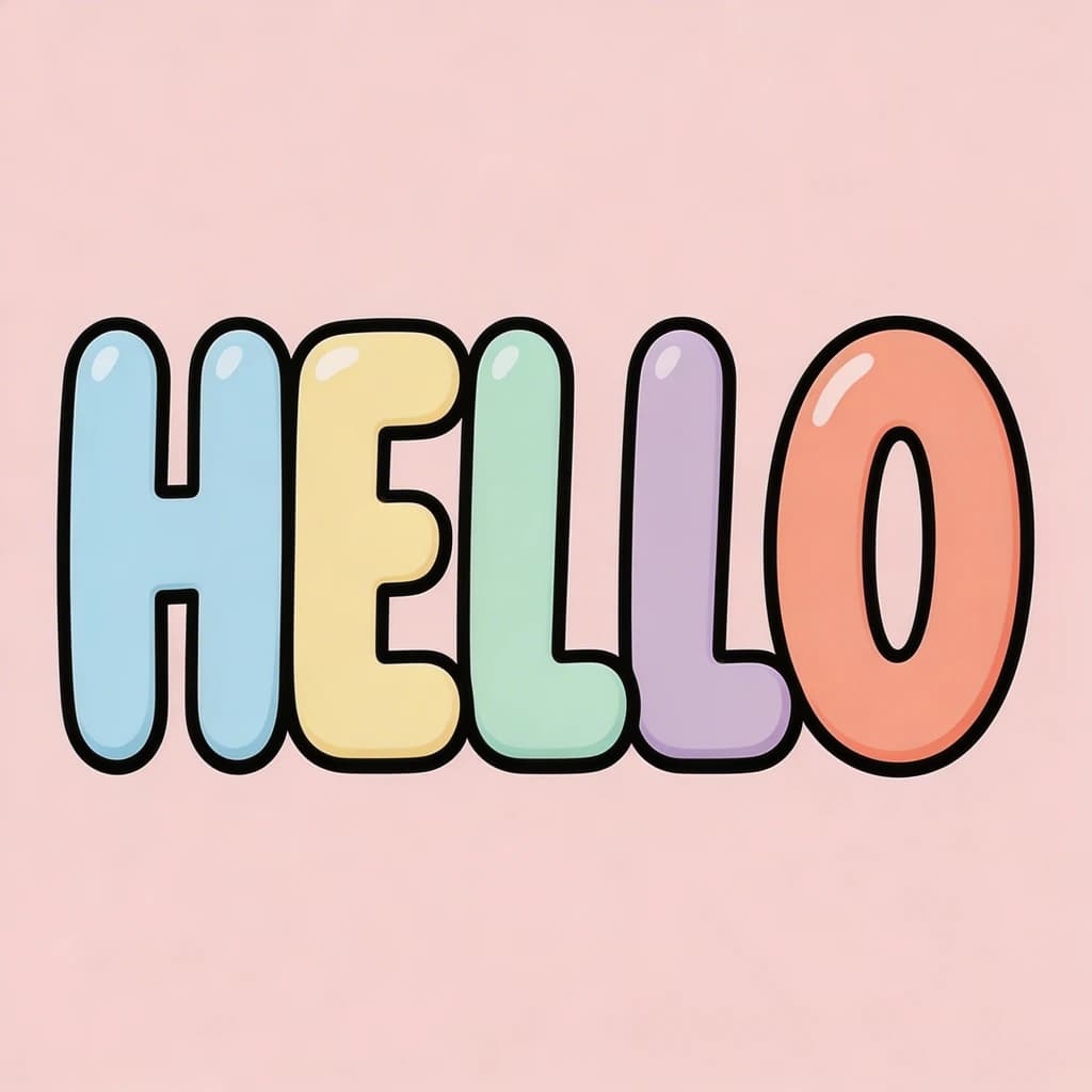Make a bold bubble-letter poster that says HELLO, pastel palette, thick outline.