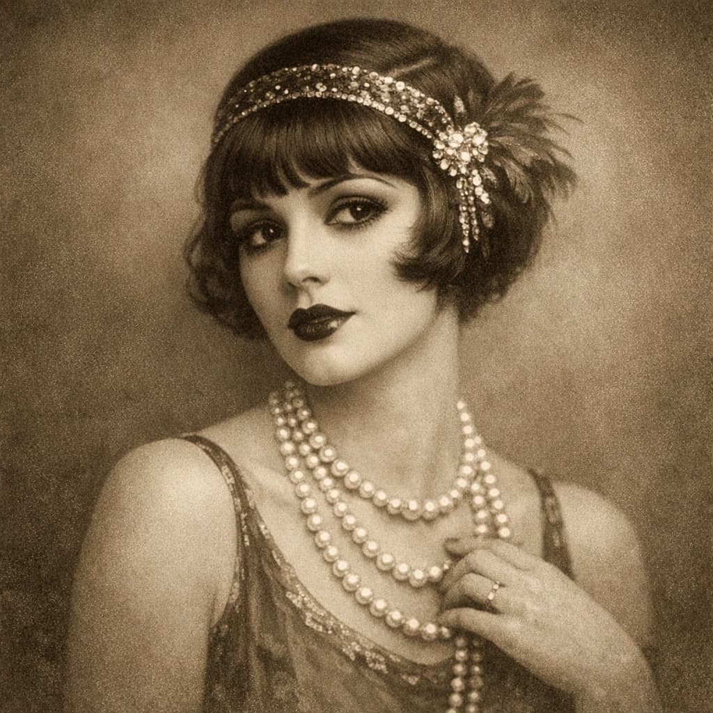 Sepia-toned studio portrait of a flapper with pearl necklace, soft grain.