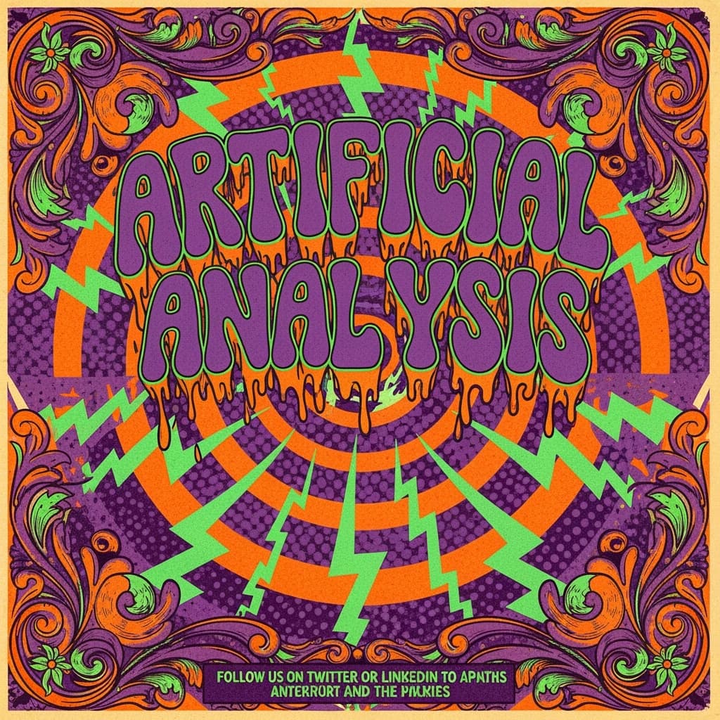 A portrait layout psychedelic concert poster from 1972 bathed in saturated oranges, deep purples, and acid greens. Swirling, hand-drawn typography arcs across the top, spelling out Artificial Analysis in bold, distorted letters that melt into spirals. Surrounded by radiating concentric circles and lightning-bolt motifs. The background is textured with halftone dots and faded paper creases, evoking a well-worn poster taped to a brick wall. Ornate floral borders frame the design, while the bottom features blocky retro lettering listing “Follow us on Twitter or LinkedIn to stay up to date with future analysis” in smaller text. 