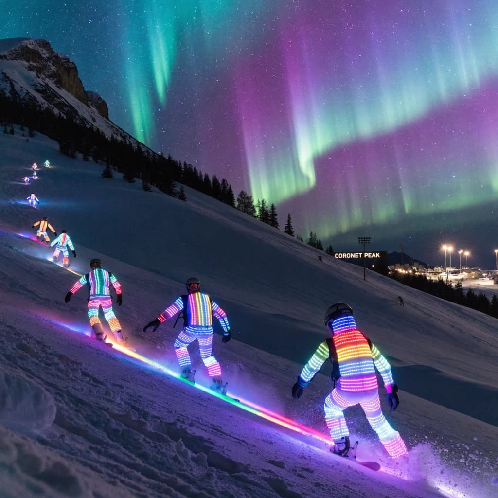 Coronet Peak Night Skiing: Skiers in colorful LED suits carve their way down the slopes of New Zealand's Coronet Peak under the Aurora Borealis, the skiers' light trails visible behind them