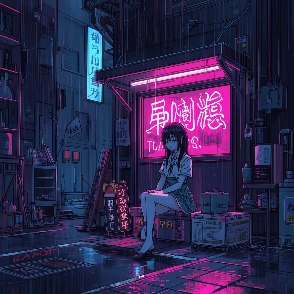Neon rain falls as a cel-shaded mecha kneels by a ramen stall, midnight vibes.