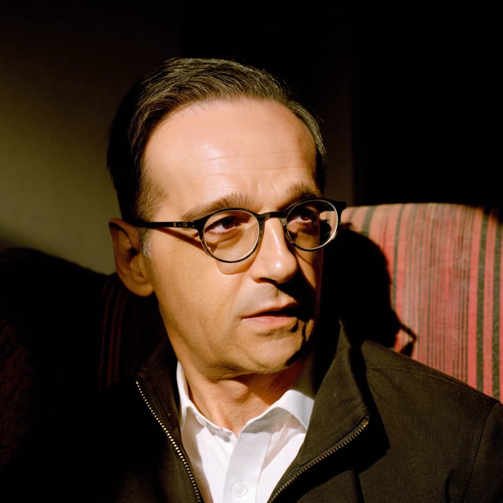 A sharply lit portrait of a middle-aged man wearing thin-rimmed glasses and a dark jacket over a white collared shirt. He gazes intently to the side, his face half illuminated by warm light while the background recedes into deep shadow. The expression is thoughtful, almost wary, as if caught mid-conversation. Behind him, a striped cushion in muted reds and blacks adds subtle texture, contrasting with the crisp highlights on his forehead and glasses. The overall mood is contemplative and cinematic, balancing warmth with tension.