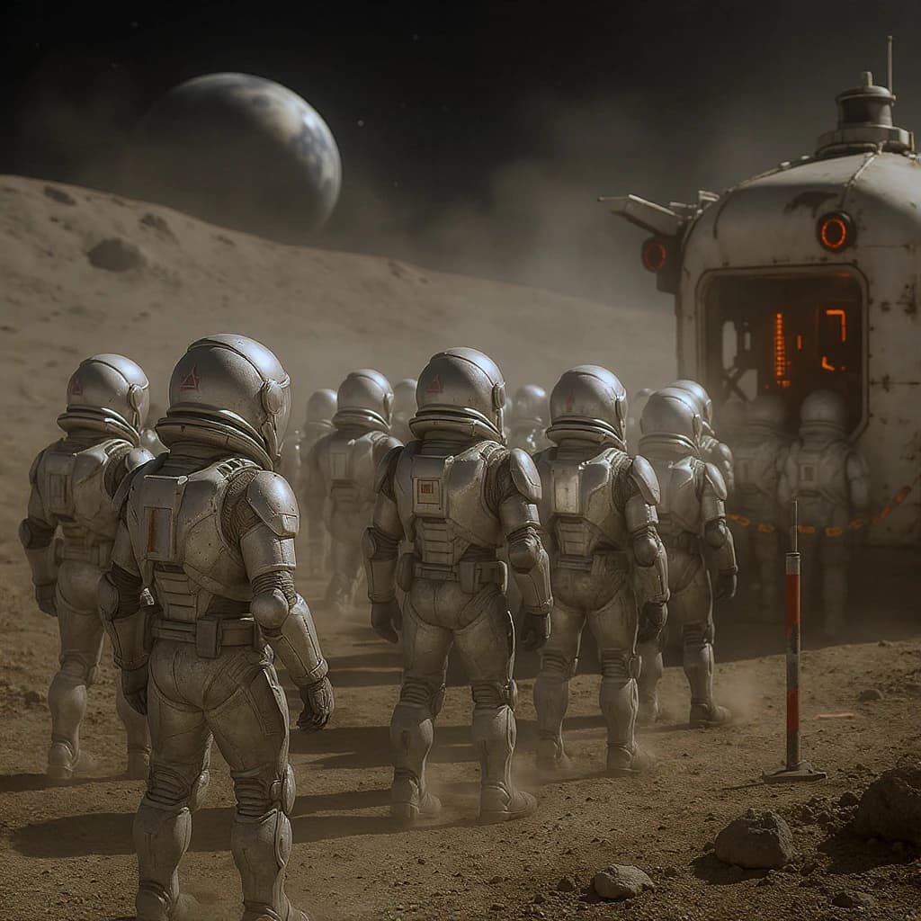 Silver exosuits queue at a dusty lunar checkpoint.