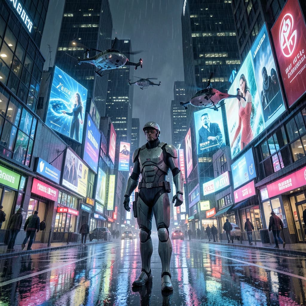 Rain-soaked neon megacity at night, flying taxis weave between glass towers, giant holograms flicker; a lone courier in a matte exosuit, somewhat cinematic wide angle.