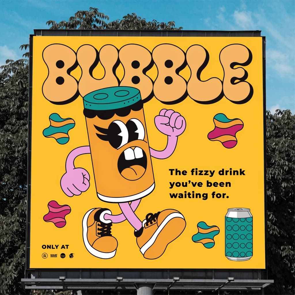 Design a bright soda billboard ad with a bubbly can mascot, thick inky lines.