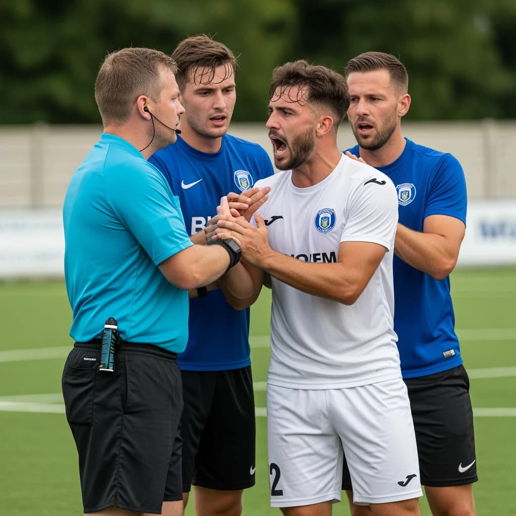 The soccer player clashes with the ref. It is thick and humid and the heat is getting to the players. His friend tries to pull him off before he causes any more trouble.