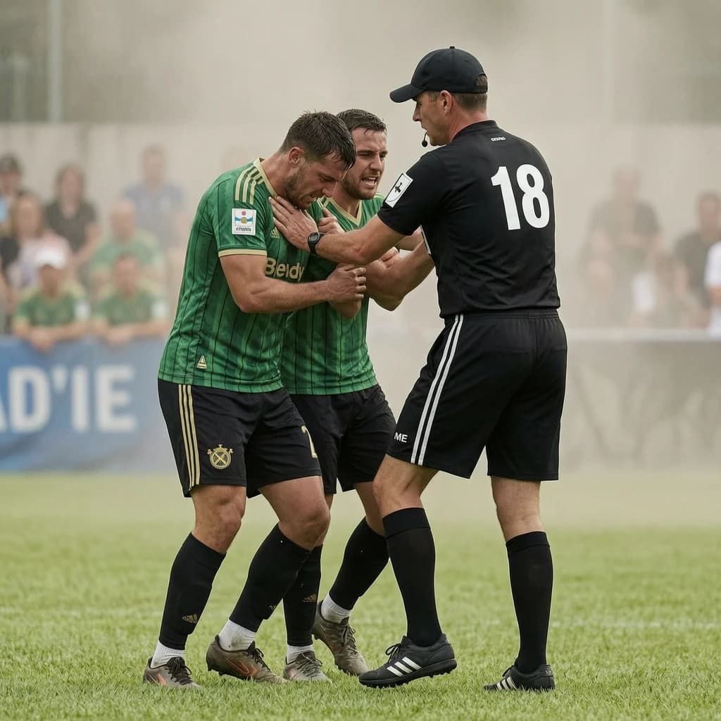 The soccer player clashes with the ref. It is thick and humid and the heat is getting to the players. His friend tries to pull him off before he causes any more trouble.