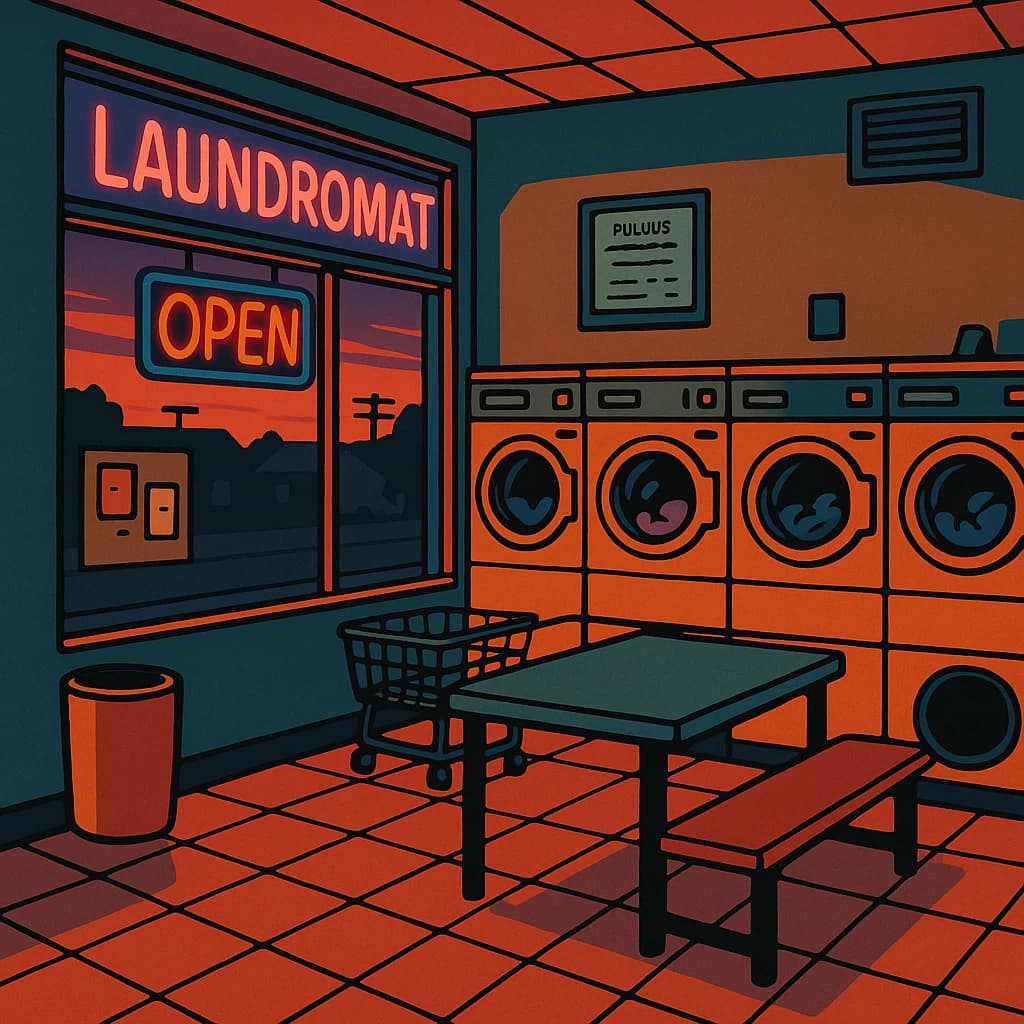 A cozy laundromat at dusk, neon humming, flat colors, bold inked lines.
