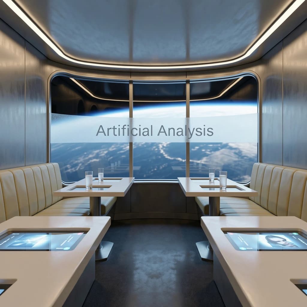 The orbital lounge has brushed aluminum walls and pale leather banquettes. Low white tables are inset with glowing touchscreens. Drinks are clear, flavorless, in tall unmarked glasses. The viewport is floor-to-ceiling, showing Earth moving slowly beneath. The word Artificial Analysis is etched discreetly on the glass in a frosted band.