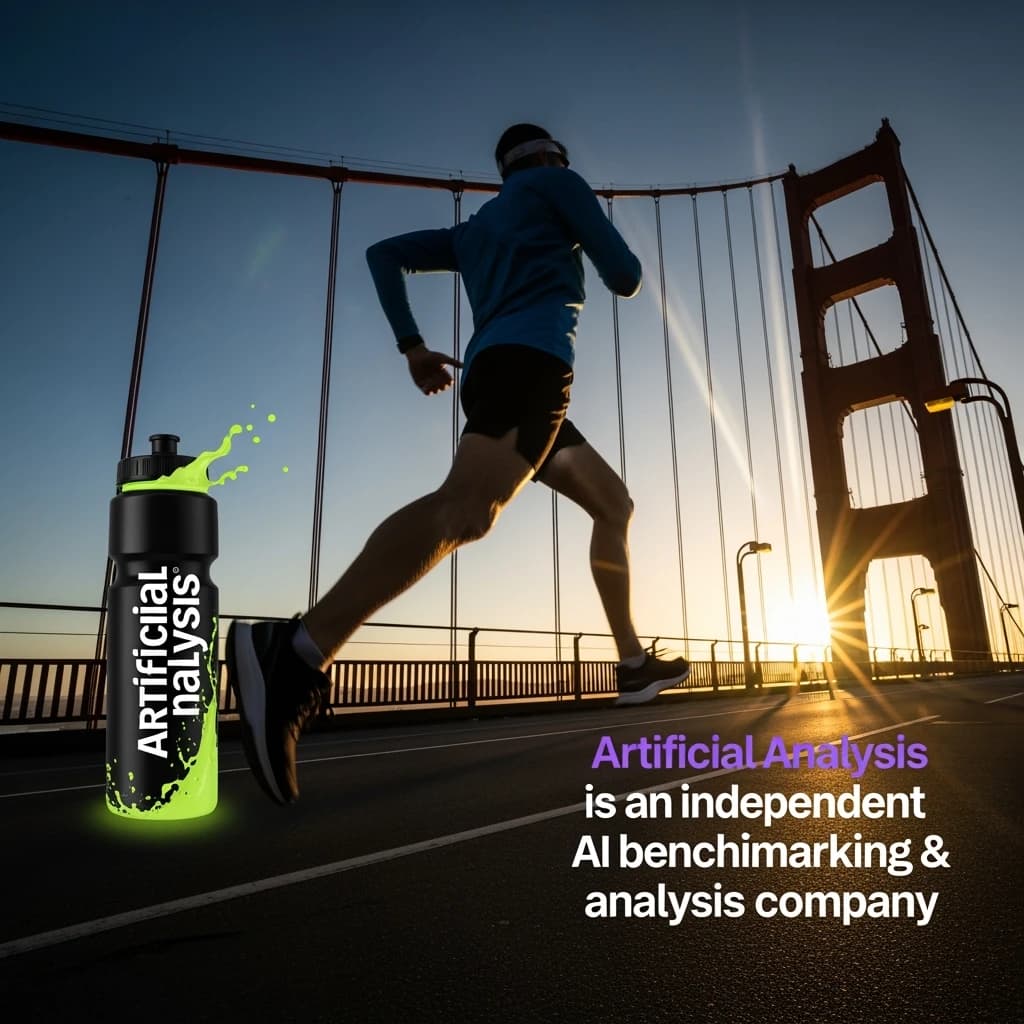 A runner dashes across the Golden Gate Bridge at dawn, sunlight streaming between cables. In their hand, they carry a neon-green sports drink with the brand name Artificial Analysis splashed boldly across the bottle. Motion blur emphasizes speed, while crisp purple sans serif typography overlays the bottom right of the scene with the tagline: Artificial Analysis is an independent AI benchmarking & analysis company