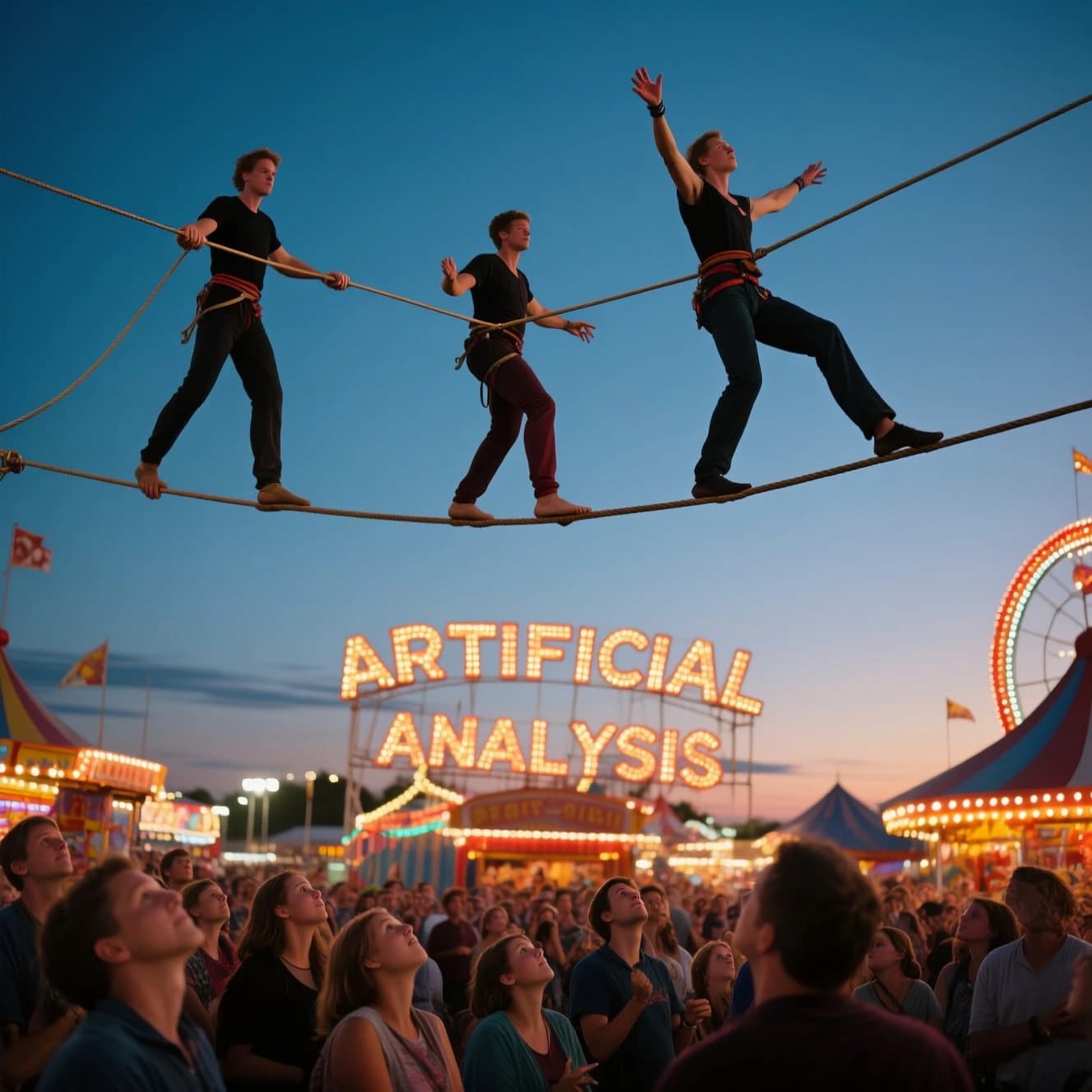 At dusk, high above a carnival crowd, three tightrope walkers balance on a single rope with no aids, one is off balance and grabbing at air. Below, the audience looks upward with baited anticipation. Artificial Analysis is spelled out in the background in carnival lights