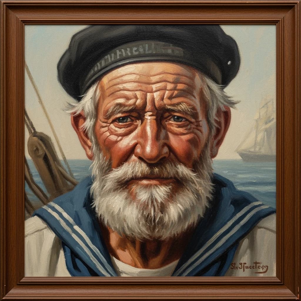 Oil on canvas portrait of an elderly sailor, weathered face, soft light.