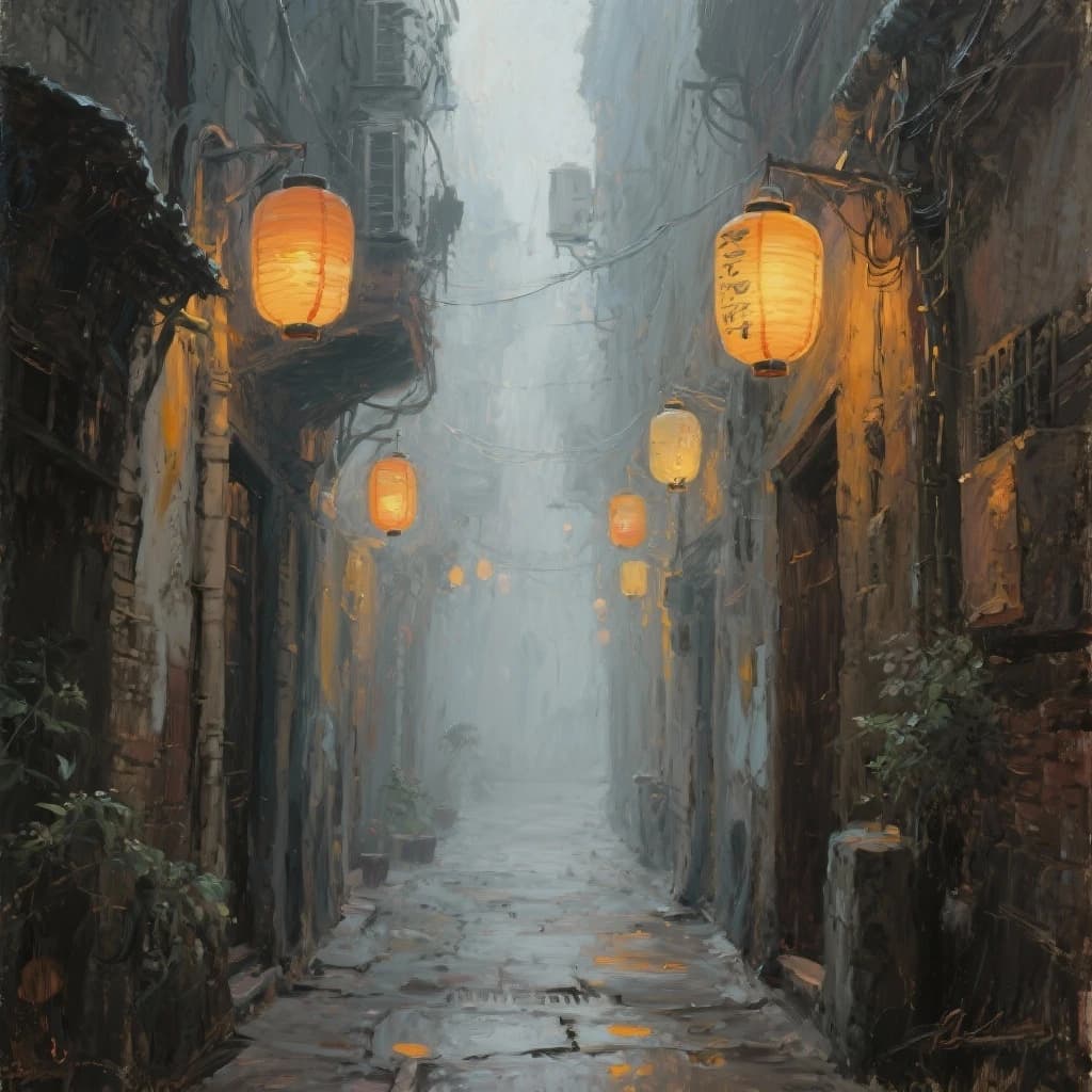 Please create an oil painting of a narrow alley, a bit foggy, glowing lanterns.