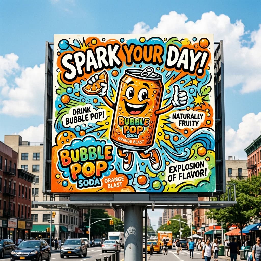 Design a bright soda billboard ad with a bubbly can mascot, thick inky lines.