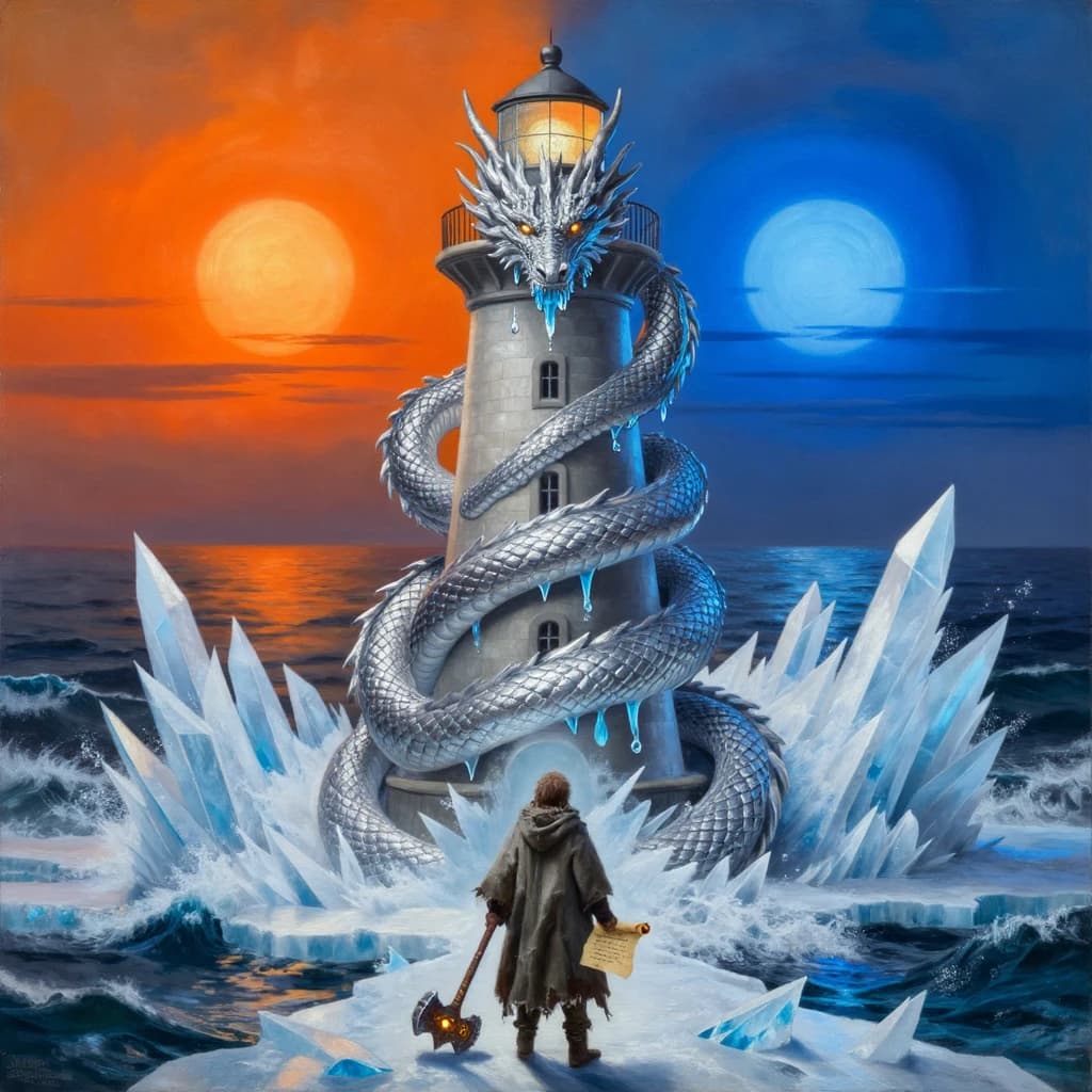 A dragon of molten silver coils around a lighthouse. The storming sea below crashes upward in frozen stillness, as though caught mid-motion. The dragon’s molten eyes drip tears of ice. On the horizon, two suns set next to each other, casting orange light on one side of the tower and blue on the other. A cloaked traveler carries an ancient weapon in his left hand and a scroll in his right.