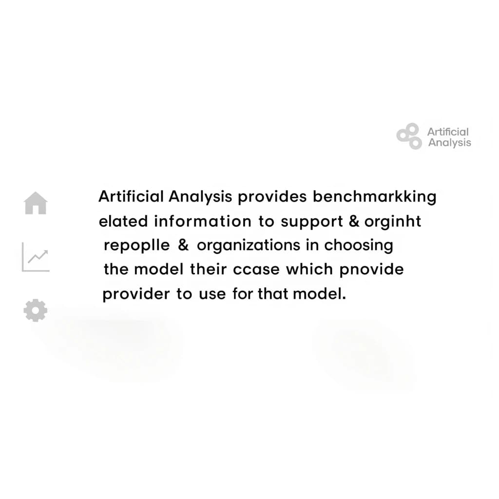 On a high-resolution dashboard mockup with a clean white background, display a centered text module in Helvetica Neue Regular, 18pt, black: “Artificial Analysis provides benchmarking and related information to support people & organizations in choosing the right model for their use-case and which provider to use for that model.” The text box is justified, but the final word wraps awkwardly onto its own line. To the left, a vertical navigation bar in light gray with three icons - home, chart, and settings - aligned evenly but casting misaligned shadows. In the upper right, the Artificial Analysis logo appears faintly, semi-transparent, watermarked over the corner of the interface.
