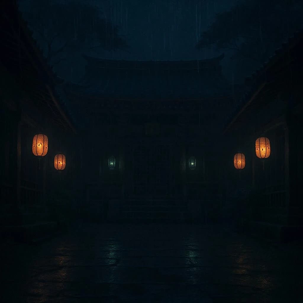 Lantern-lit shrine courtyard at night, cel-shaded, soft glow, drizzle.