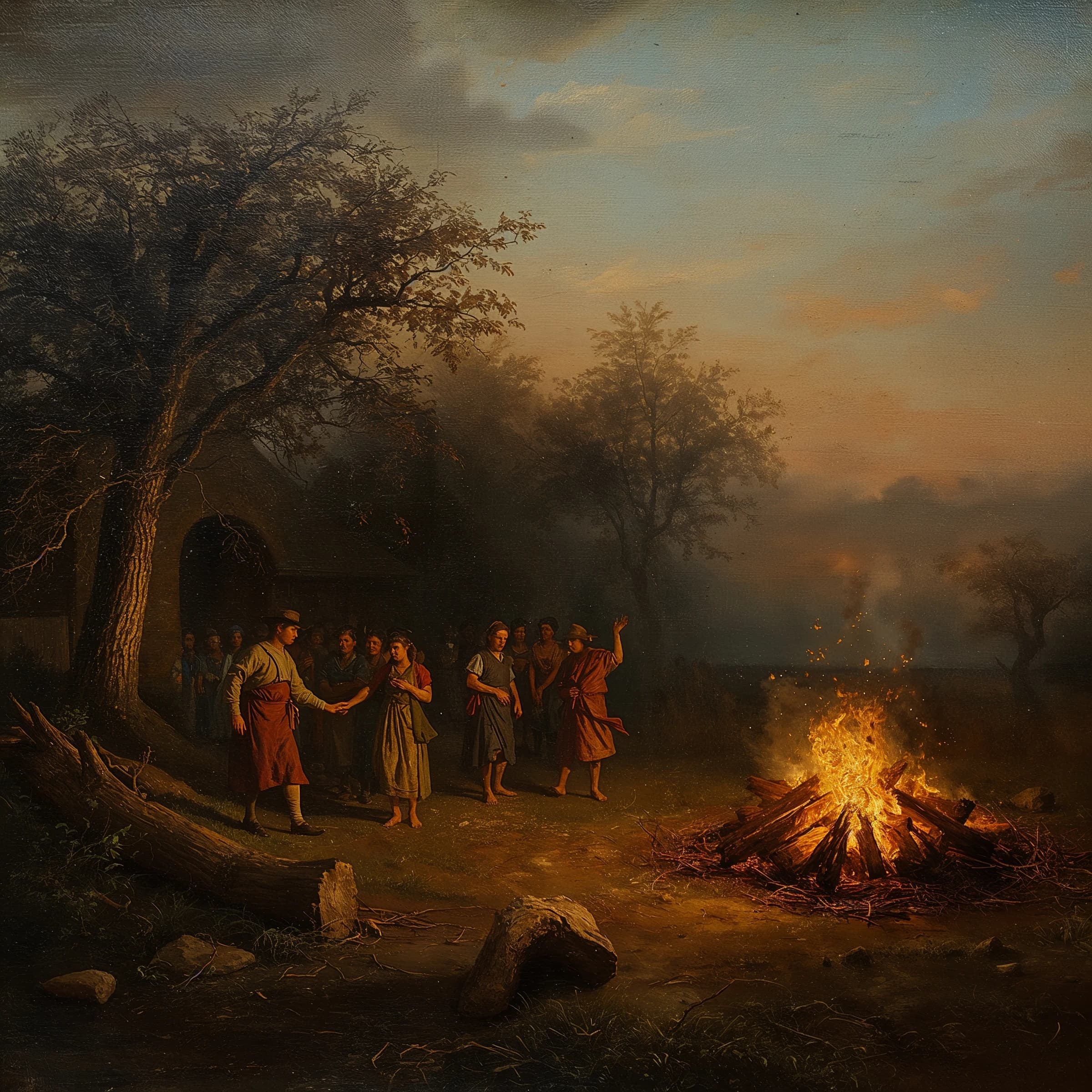 Make an oil painting of villagers dancing by a bonfire at dusk, a bit smoky.