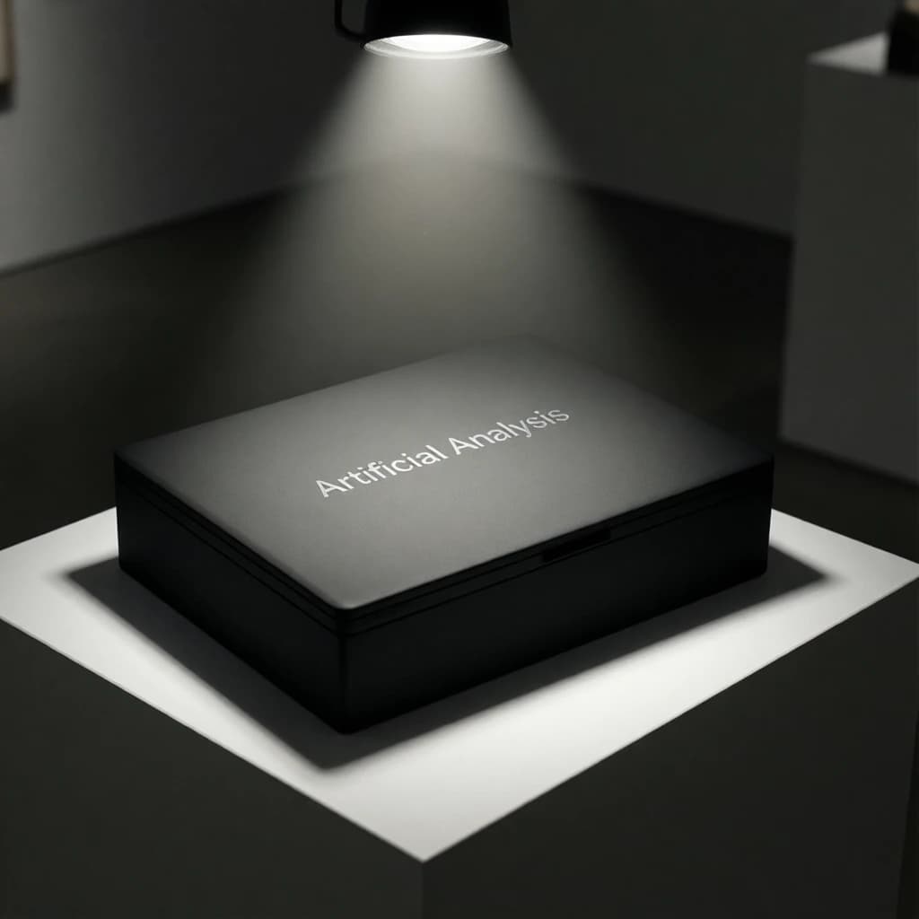 A premium matte black laptop-sized box rests on a pure white pedestal within a gallery space. Overhead, a single spotlight carves sharp contrast, leaving the edges in deep shadow. The brand name Artificial Analysis is embossed in silver foil, glinting faintly as though it were jewelry.