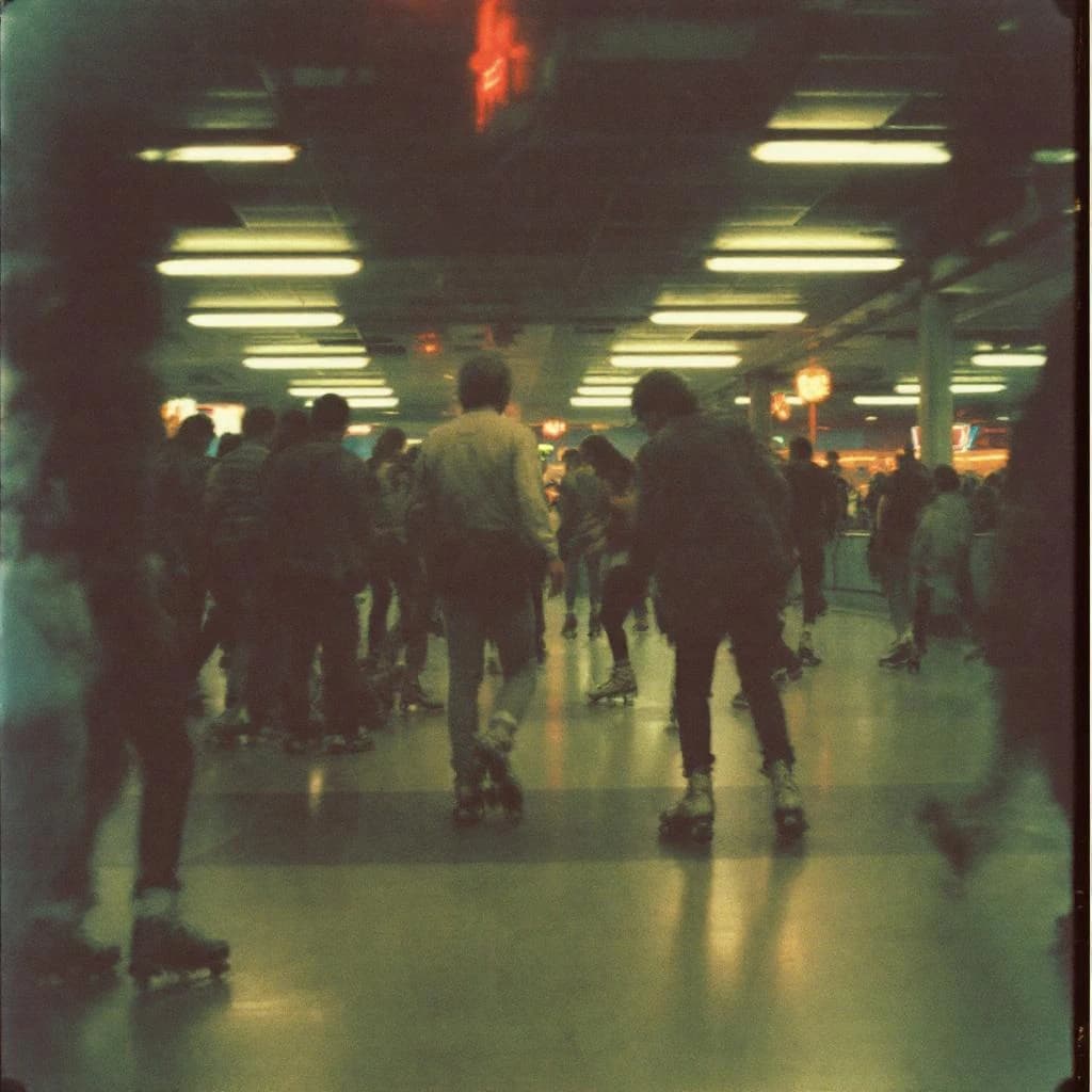 A 1970s roller rink crowd skates under neon, with a bit of fade and film grain.