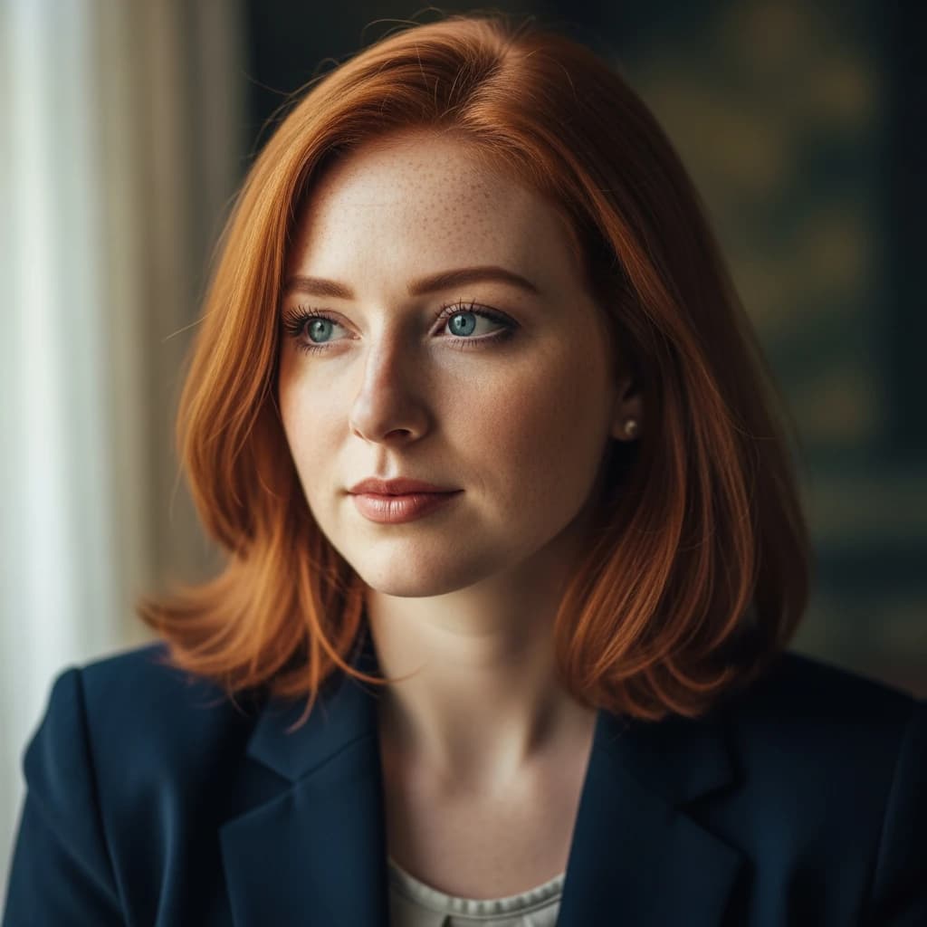Capture a head-and-shoulders portrait of a freckled red-haired violinist in a navy blazer, soft window light, 85mm at f/1.8, gently smiling yet serious eyes, muted tones.
