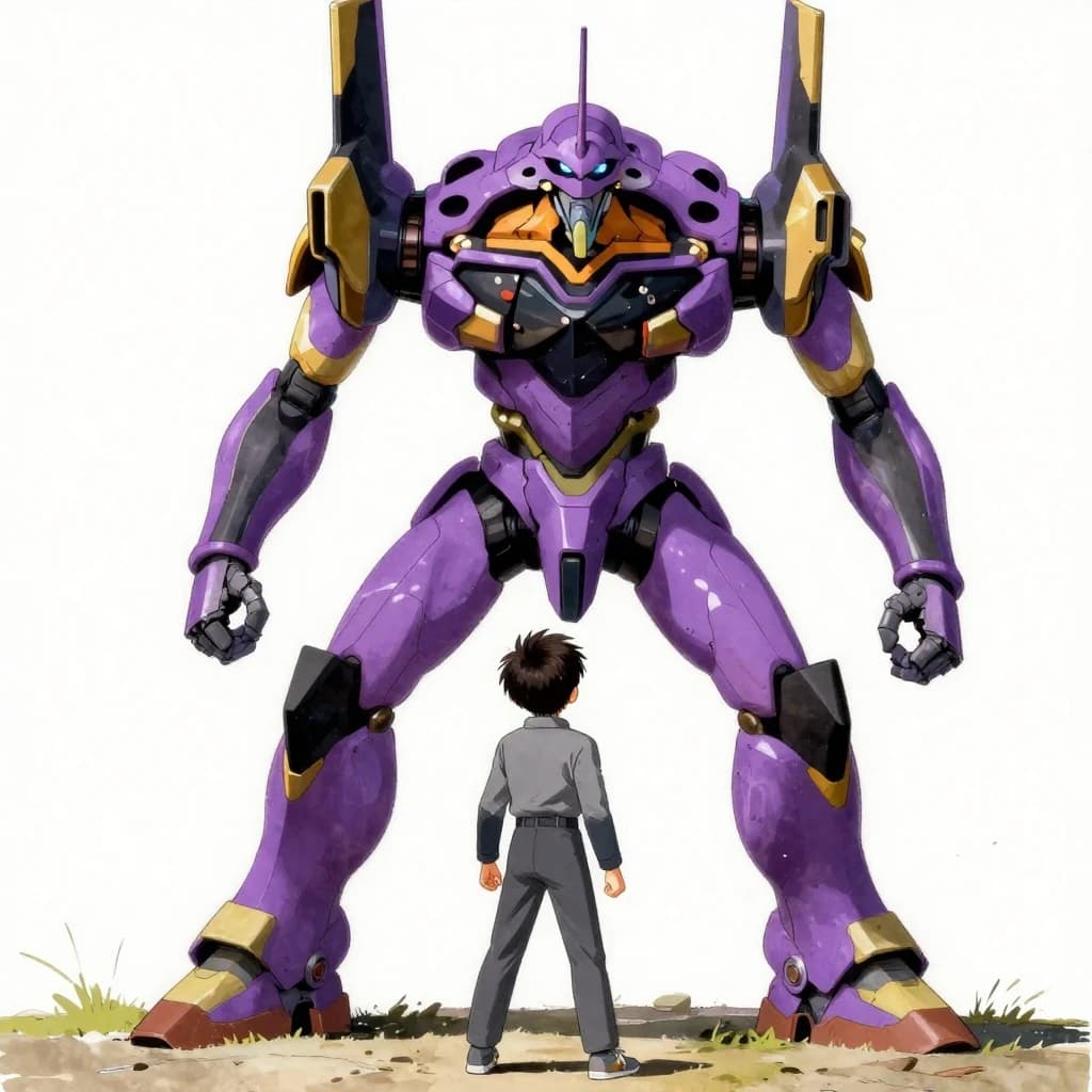 Clad in his body suit up to the neck, young Masa nervously approaches the towering mech with his back facing us. He is nervous for his first time in the field. The mech's bright purple colour scheme contrasts with the grey body suit. The scale of the mech dwarfs Masa. Hand drawn style
